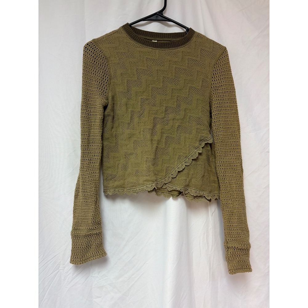 Free People Olive Green Crochet Knit Scalloped Wrap Top Small Boho Chevron